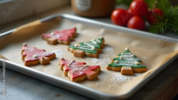 Fototapeta stainless baking tray with small decorated biscuits in the shape of Christmas tree,  cookies coated with red and green icing creatively coloured by children siting on a baking paper in kitchen