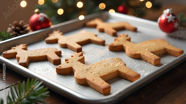 Fototapeta undecorated biscuits made in the shape of reindeer sitting on baking tray, baked cookies cooling down on a stainless baking sheet and ready to be decorated