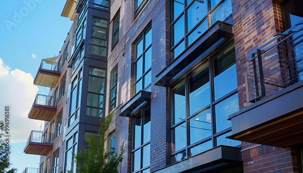 Fototapeta Exterior of building with beautiful window and steel grilles