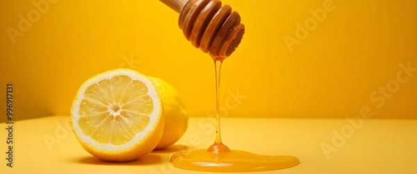 Fototapeta Honey drizzling onto lemon slice on vibrant yellow background with copy space