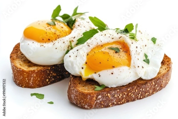 Fototapeta Fresh poached eggs on rye toast with a white background - generative ai