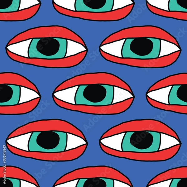 Fototapeta square seamless pattern -sinister eyes for Halloween.Devil eyes in 1970s psychedelic style.Groovy and funky print ornament.A look from a horror movie. Mystical esoteric eye.Witches,astrology and tarot
