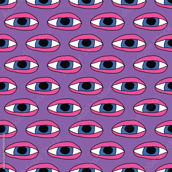 Fototapeta square seamless pattern -sinister eyes for Halloween.Devil eyes in 1970s psychedelic style.Groovy and funky print ornament.A look from a horror movie. Mystical esoteric eye.Witches,astrology and tarot