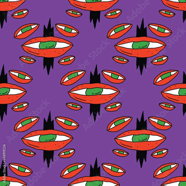 Fototapeta square seamless pattern -sinister eyes for Halloween.Devil eyes in 1970s psychedelic style.Groovy and funky print ornament.A look from a horror movie. Mystical esoteric eye.Witches,astrology and tarot