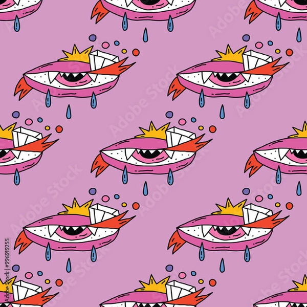 Fototapeta square seamless pattern -sinister eyes for Halloween.Devil eyes in 1970s psychedelic style.Groovy and funky print ornament.A look from a horror movie. Mystical esoteric eye.Witches,astrology and tarot