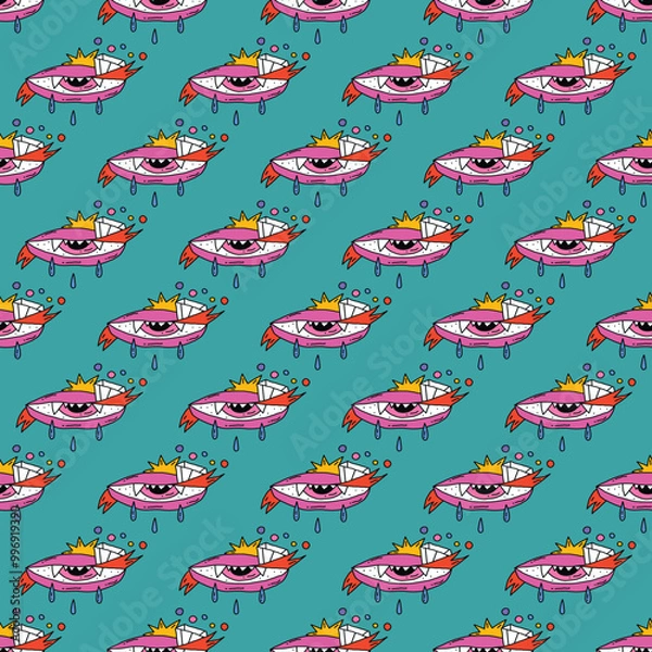 Fototapeta square seamless pattern -sinister eyes for Halloween.Devil eyes in 1970s psychedelic style.Groovy and funky print ornament.A look from a horror movie. Mystical esoteric eye.Witches,astrology and tarot