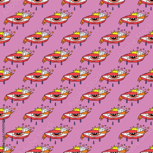 Fototapeta square seamless pattern -sinister eyes for Halloween.Devil eyes in 1970s psychedelic style.Groovy and funky print ornament.A look from a horror movie. Mystical esoteric eye.Witches,astrology and tarot