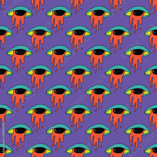 Fototapeta square seamless pattern -sinister eyes for Halloween.Devil eyes in 1970s psychedelic style.Groovy and funky print ornament.A look from a horror movie. Mystical esoteric eye.Witches,astrology and tarot