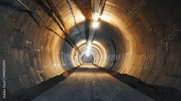 Fototapeta A long view inside a tunnel with lighting in place as workers add finishing touches final stages of tunnel construction