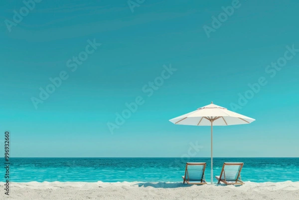 Obraz Two sun loungers under an umbrella on the beach. Generative AI