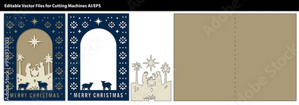 Obraz A beautiful nativity cut-out design featuring Mary, Joseph, and baby Jesus under a star with sheep and palm trees. Perfect for Christmas cards or religious-themed decor.