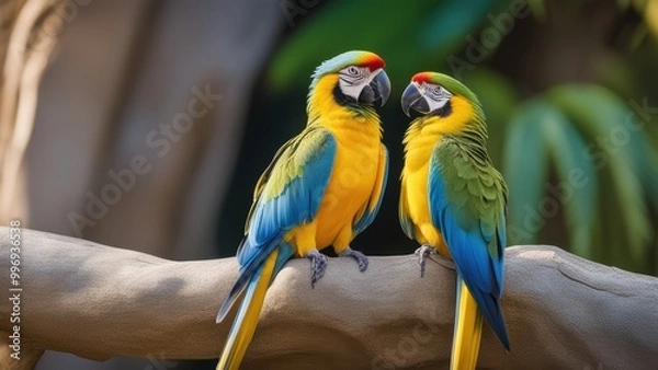 Obraz Two vibrant macaws face each other on a branch interacting and vocalizing amidst naturalistic aviary surroundings with greenery in the background.