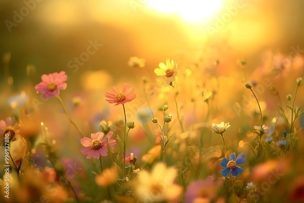 Fototapeta Wildflowers blooming in a field at golden hour