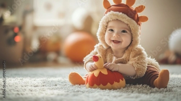 Fototapeta Smiling baby dressed as a turkey celebrating Thanksgiving while playing in a cozy, festive indoor setting