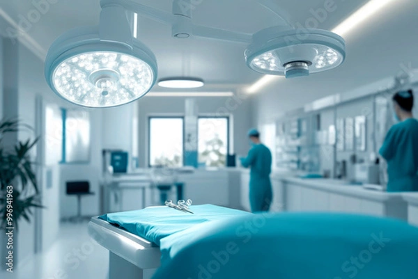 Obraz A hospital room with a blue bed and a monitor on the wall