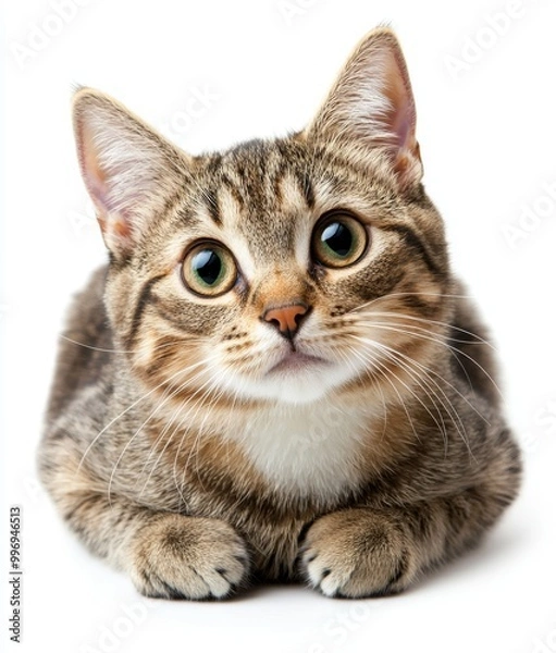 Fototapeta On a white background, a toyger cat sits and looks up