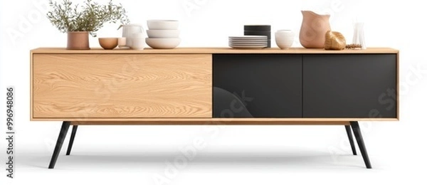 Fototapeta Isolated on transparent background, black kitchen island with wooden countertop.
