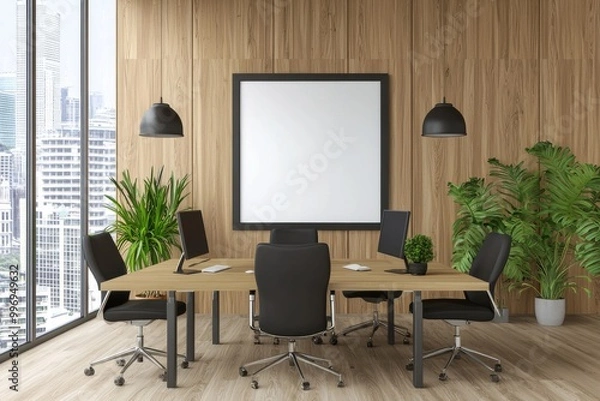 Fototapeta Design office interior with empty white mock-up banner, decorative wall, panoramic windows, and furniture in 3D.