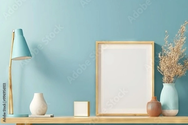 Fototapeta Design with a blue lamp, a single flower in a glass vase, and simple geometric decor, creating a calm, modern atmosphere.