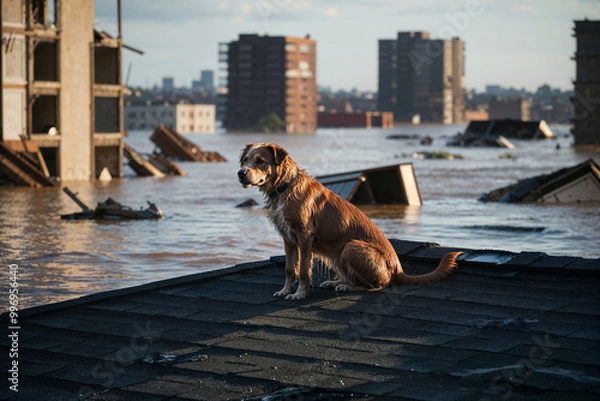 Fototapeta A lonely dog that escaped the flood stands on the roof of a house.  A massive flood has swamped the city, leaving behind devastation. Buildings are partially submerged, and debris floats in water.