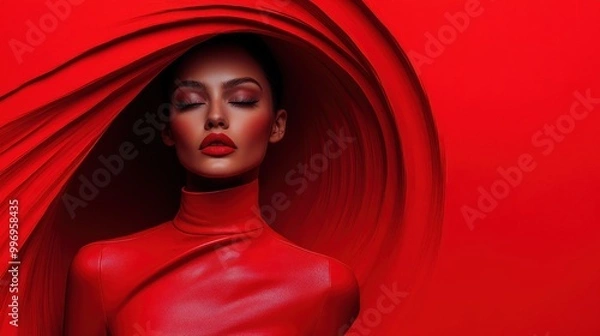 Fototapeta A striking woman in bold red attire is draped with flowing fabric, surrounded by a vivid red backdrop, embracing drama and powerful aesthetic form.