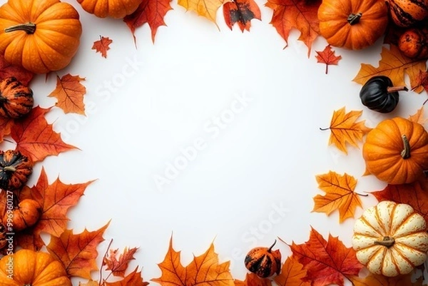 Fototapeta A festive autumn frame with vibrant fall leaves, pumpkins on a white background