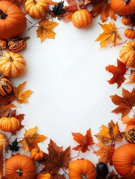 Fototapeta A festive autumn vertical frame with vibrant fall leaves, pumpkins on a white background