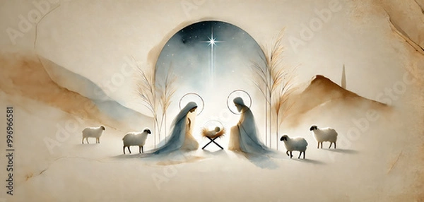 Obraz Watercolor painting representing Nativity scene in Bethlehem. Christmas scene illustration showing holy family baby Jesus in the manger Joseph and Mary. Banner Copy space