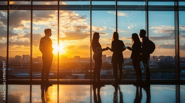 Fototapeta Group of diverse office workers brainstorming ideas around a table, copy space 