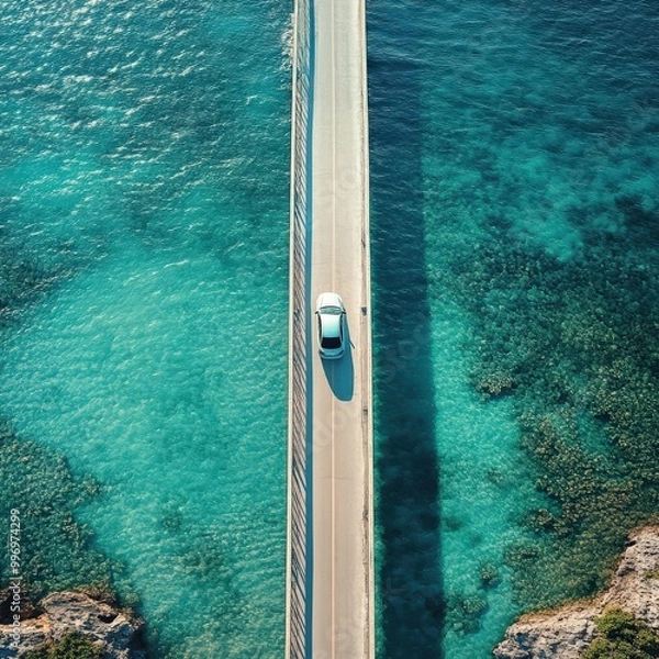 Fototapeta Aerial view of car driving over a bridge with ocean background