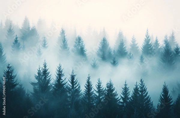 Fototapeta Misty Landscape of Pine Forest in Morning Fog with Moody Lighting