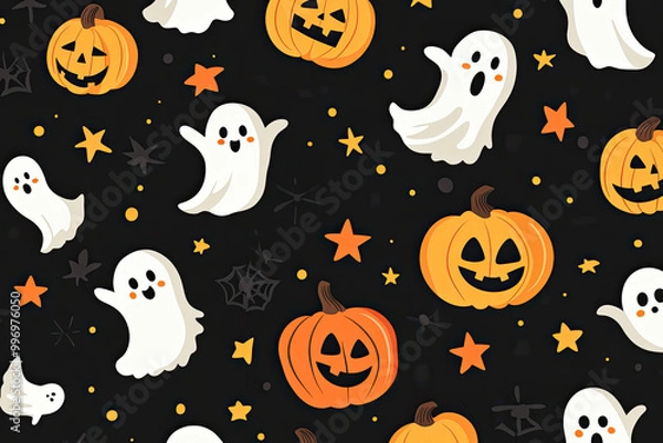 Fototapeta A seamless Halloween pattern featuring cheerful pumpkins, playful ghosts, and orange stars set against a black background.