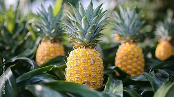 Fototapeta Pineapples are tropical fruits that grow on plants.  The top of the pineapple has a leafy part that can be used to grow a new pineapple plant.