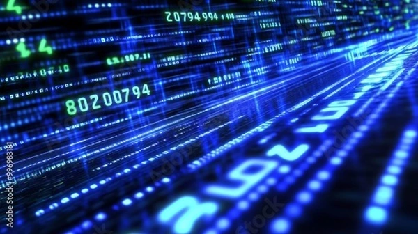 Obraz The wavy plane is filled with digital code elements. Wireless data loops. Cyber stripes. 3D illustration. Big data stream.