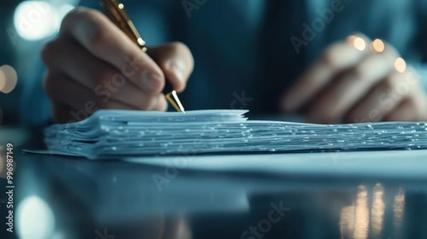 Fototapeta A close-up of a hand writing with a pen on a large stack of documents, signifying business or professional work, possibly in a corporate setting.