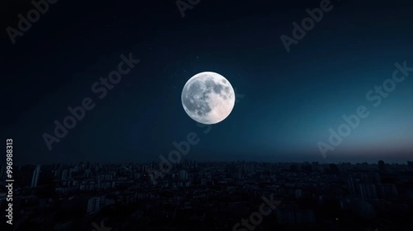 Fototapeta The full moon illuminating the cityscape below, bridging the natural nighttime beauty with urban life. Ideal for urban or nature-themed projects, showcasing duality.