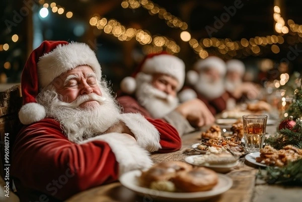 Fototapeta A joyful Santa Claus, dressed in his classic red suit, relaxes with a contented smile after a hearty Christmas dinner.