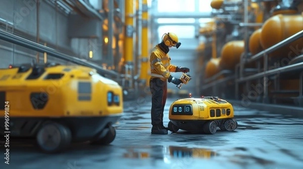 Fototapeta Technician checking safety protocols in a petroleum facility with autonomous robots