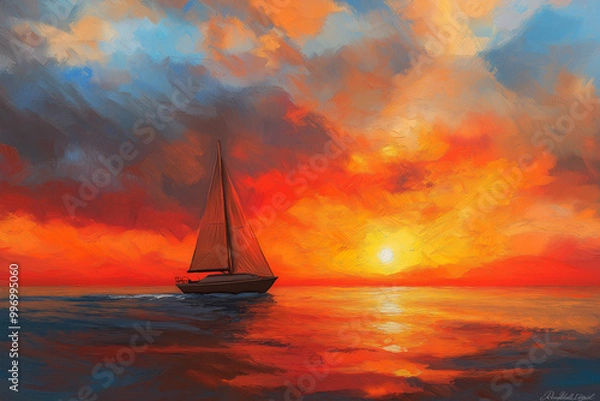 Fototapeta Enchanting Boat Sailing Towards the Horizon, the Sky Ablaze with Breathtaking Sunset Colors