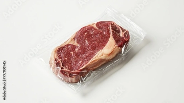 Fototapeta A premium ribeye steak sealed in transparent packaging, displayed against a white background, showcasing marbling and freshness perfect for retail or food presentation.