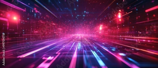 Fototapeta Futuristic abstract graphic geometric cyber technology red neon glowing background wallpaper AI generated image