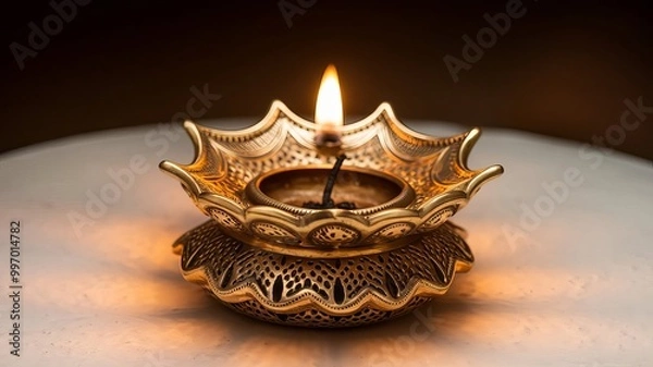 Fototapeta A beautifully crafted oil lamp with intricate designs, glowing softly in the dark