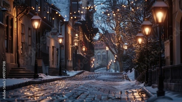 Obraz Glowing lanterns lining snow-covered cobblestone street