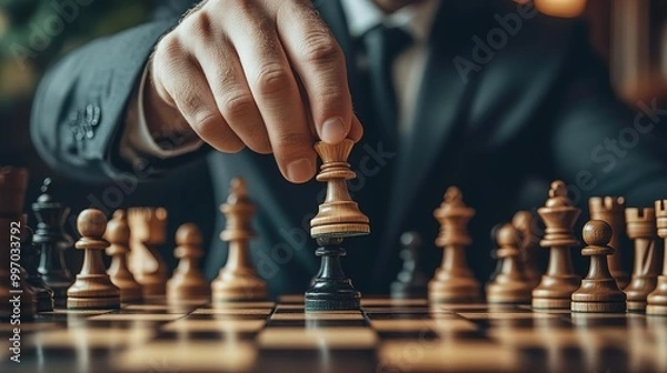 Fototapeta A skilled player in a suit carefully making a strategic move in a chess game, showcasing focus and determination.