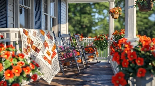 Obraz A detailed view of a farmhouse front porch with rocking chairs, a handmade quilt draped over the rail, and pots of bright geraniums