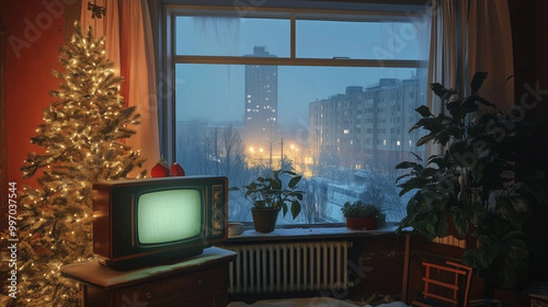 Fototapeta Cozy Holiday Scene in a Soviet Apartment with Retro TV and Snow Falling Outside