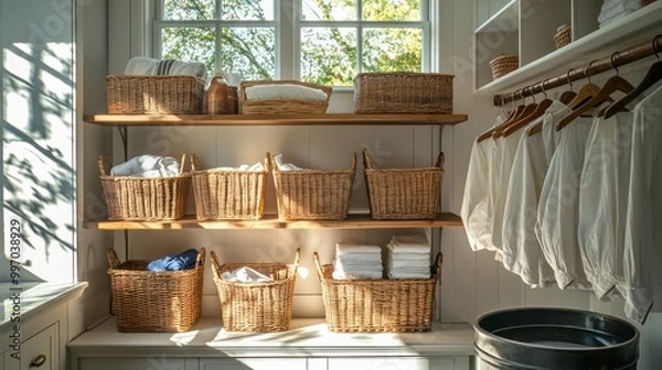 Fototapeta A farmhouse-style laundry room with open shelving, wicker laundry baskets, and vintage wash tubs under a sunny window