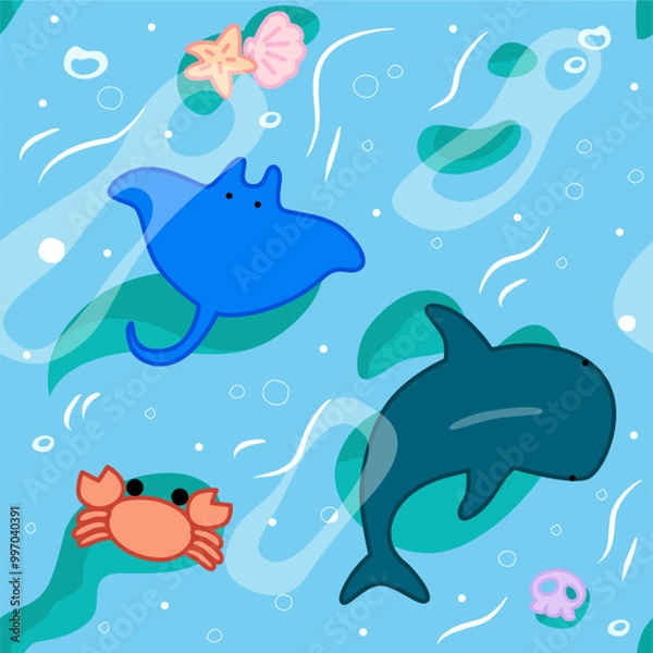 Fototapeta a seamless pattern background of cute stingray and shark cartoon