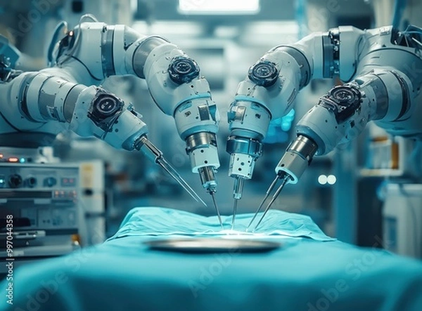 Fototapeta Close-up of robotic arms assisting a surgeon during a delicate medical procedure on a patient in a hospital setting