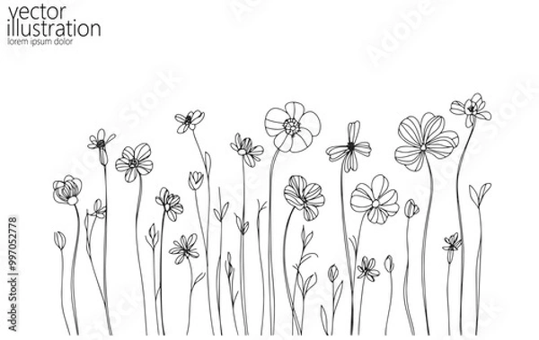 Obraz  One line floral set element. Black and white monochrome continuous single line art. Floral nature Woman day gift romantic date illustration sketch outline drawing